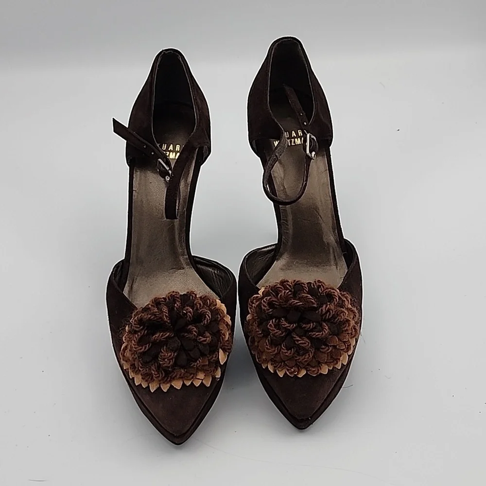 STUART WEITZMAN Dark Brown Suede Platform High Heels w/Flower Pom Pom Vamp, 6M